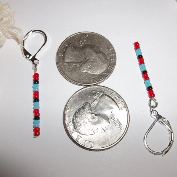 Linear Seed Bead Drop Earring Minimalist Sleek Red Turquoise Blue Black Set A726 - Picture 4 of 9